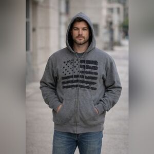 Vintage Sears Roebuck & Co‎ Heavyweight Full Zip Hoodie Jacket Distressed Flag L